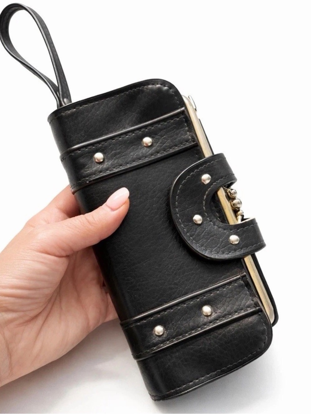 Vintage KANE-M Leather Organizer Clutch Wallet Kiss Lock Coin Purse Retro Black